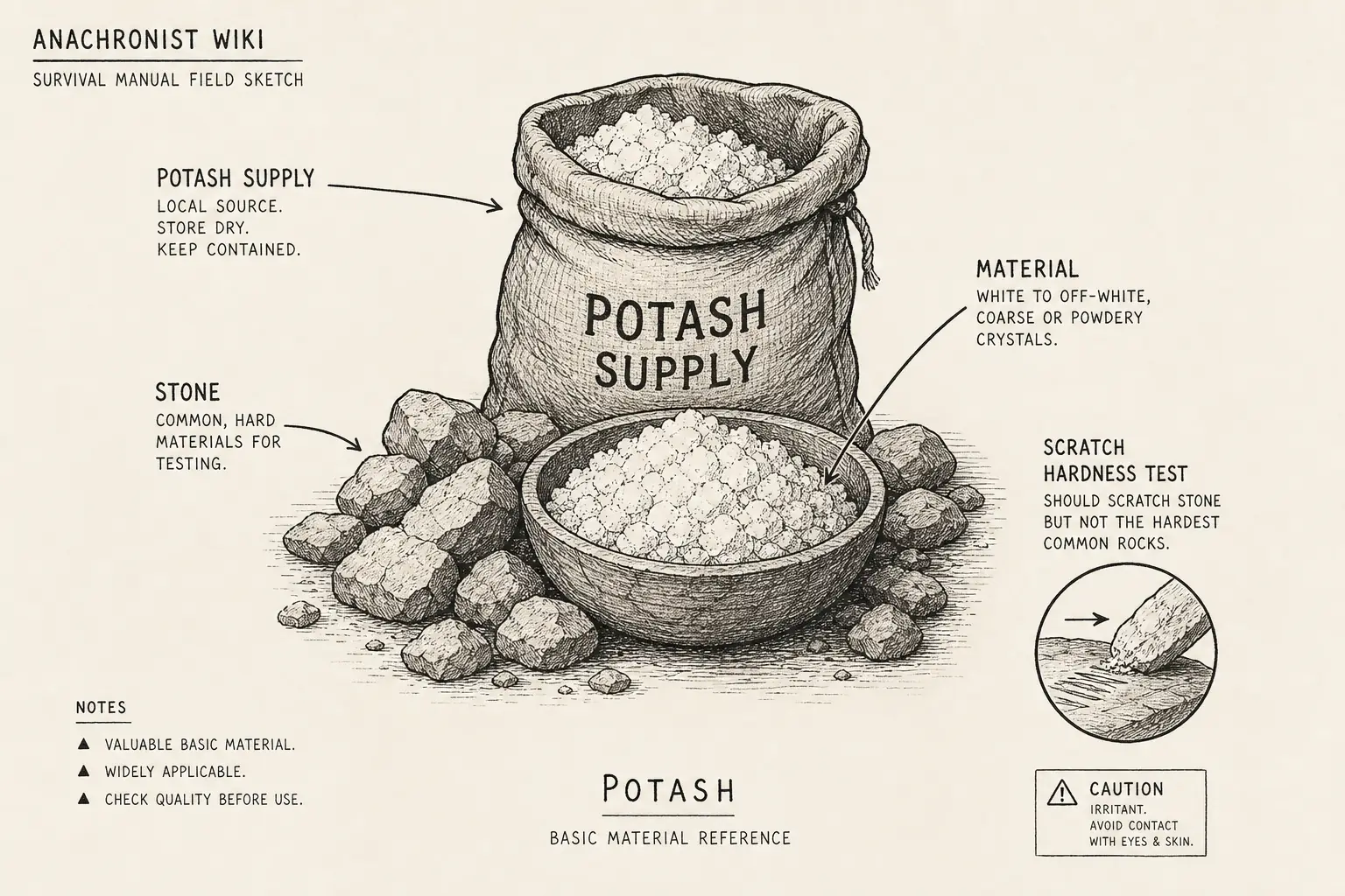 Field sketch of Potash, highlighting potash supply, stone, scratch hardness test, material.