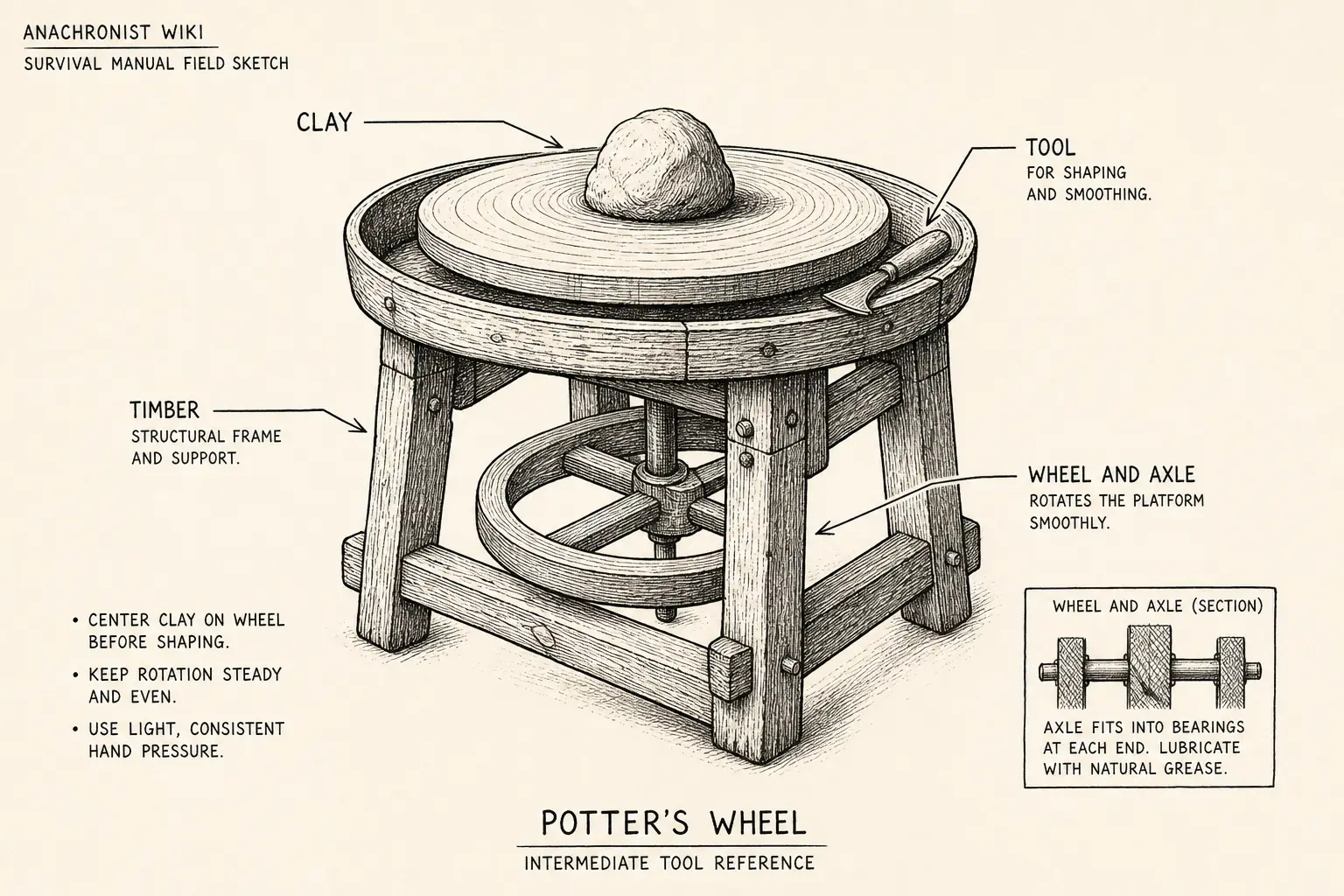 Field sketch of Potter's wheel, highlighting clay, timber, wheel and axle, tool.