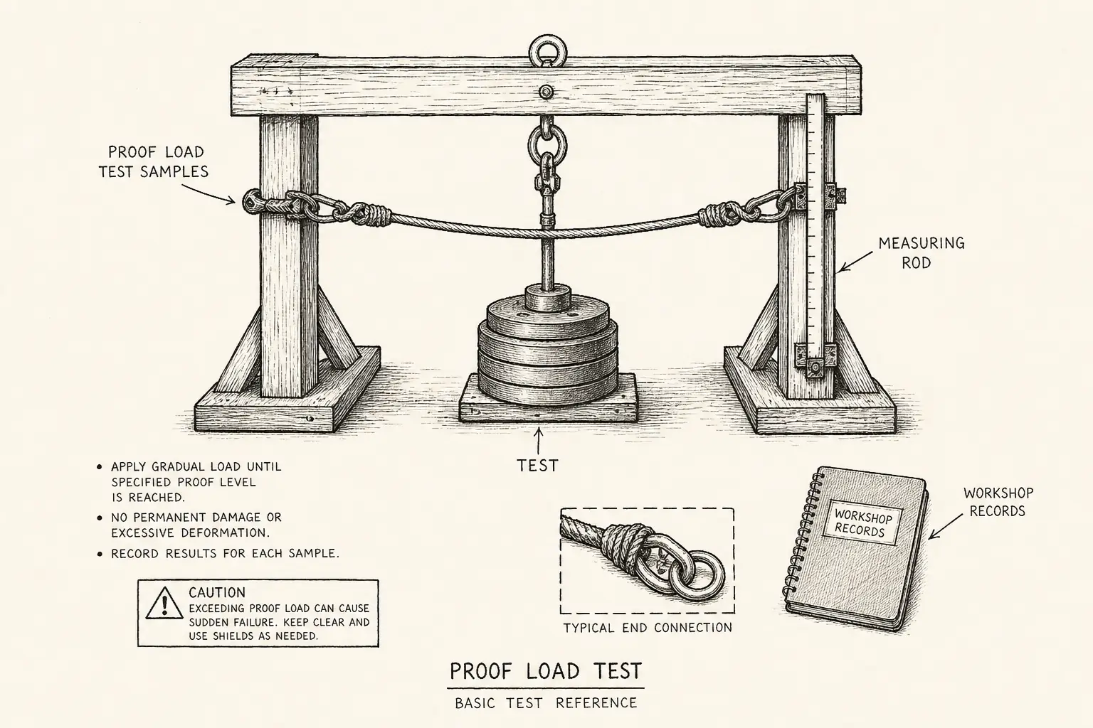 Field sketch of Proof Load Test, highlighting proof load test samples, measuring rod, workshop records, test.