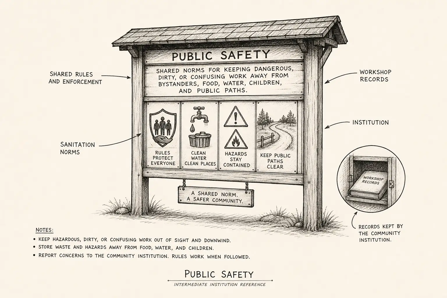 Field sketch of Public safety, highlighting shared rules and enforcement, sanitation norms, workshop records, institution.
