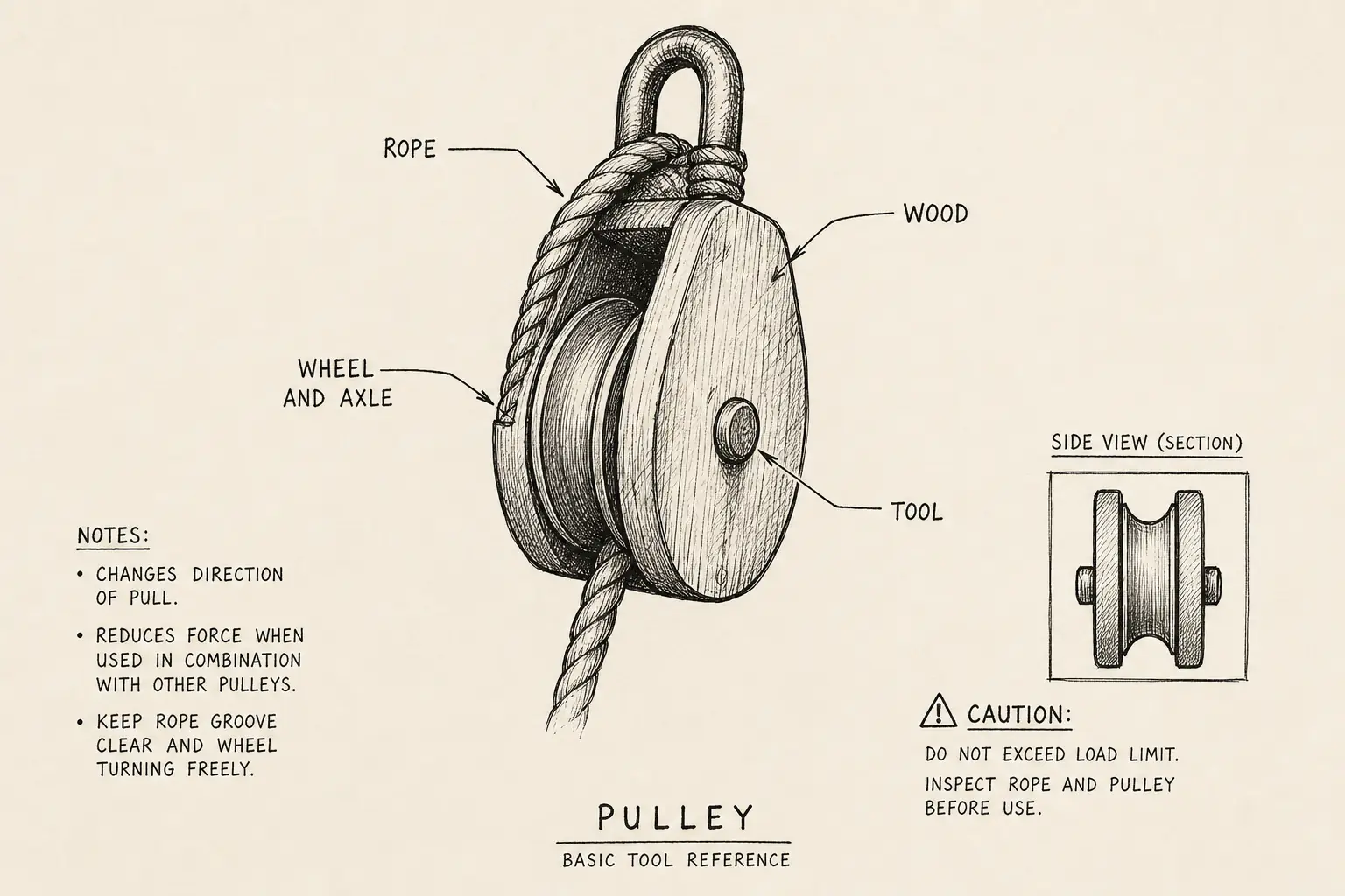 Field sketch of Pulley, highlighting rope, wood, wheel and axle, tool.