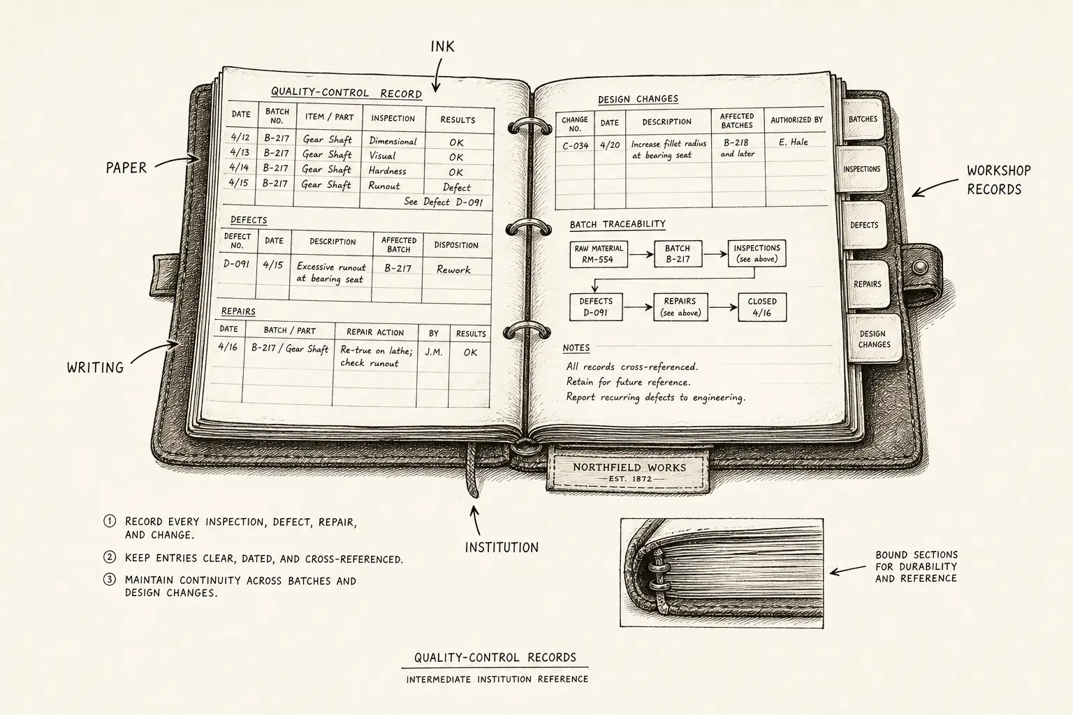 Field sketch of Quality-control records, highlighting paper, ink, workshop records, writing.