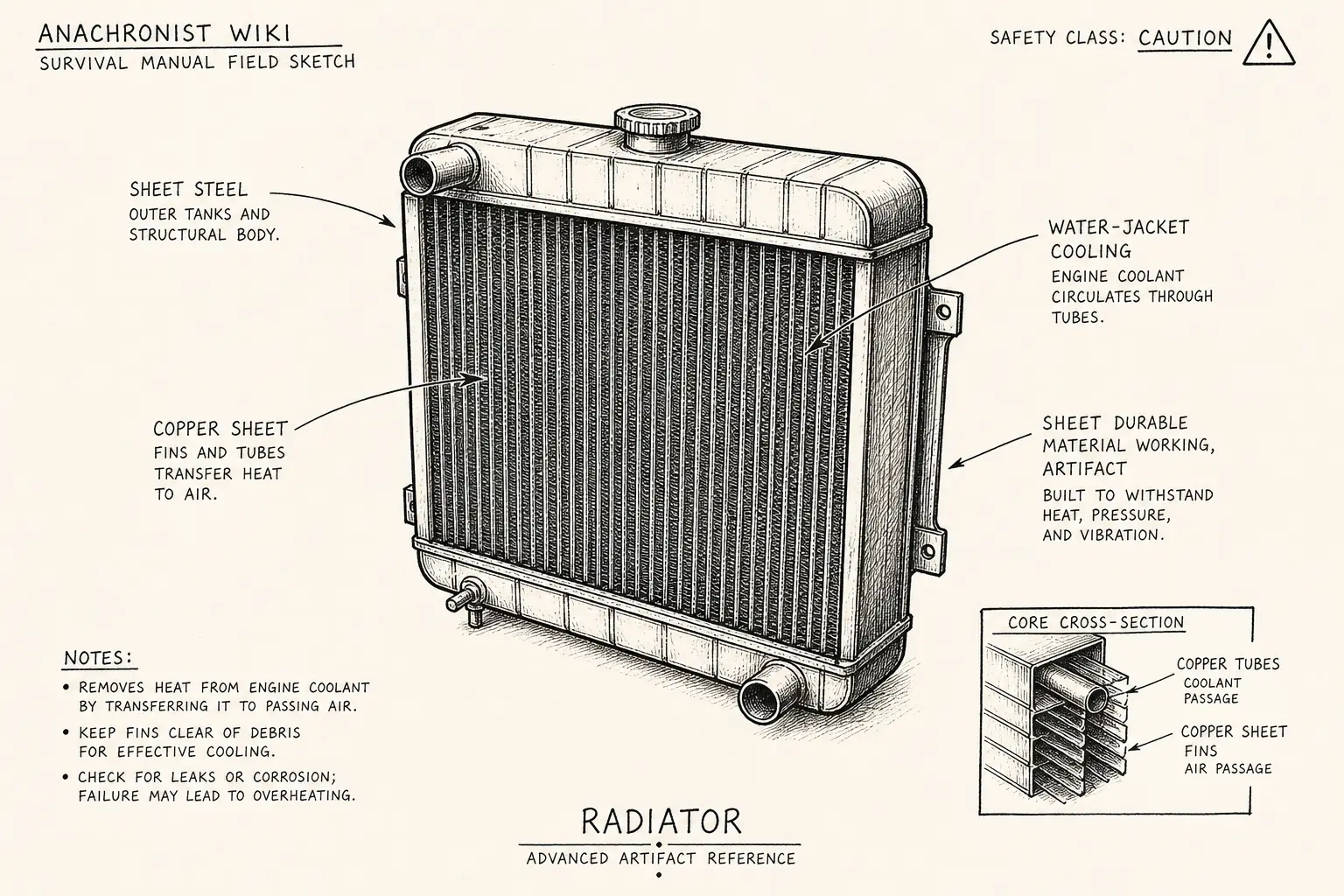Field sketch of Radiator, highlighting sheet steel, copper sheet, water-jacket cooling, sheet metal working.