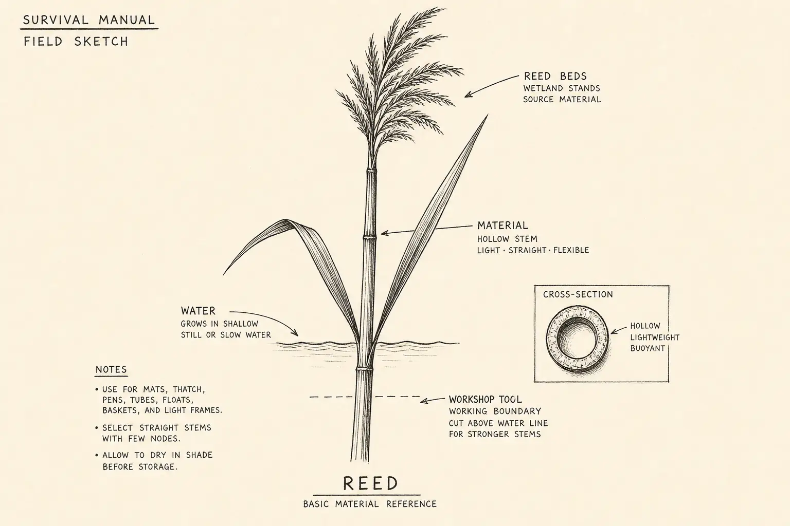 Field sketch of Reed, highlighting reed beds, water, cutting edge, material.