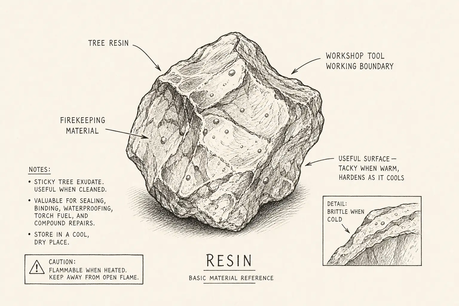 Field sketch of Resin, highlighting tree resin, cutting edge, firekeeping, material.