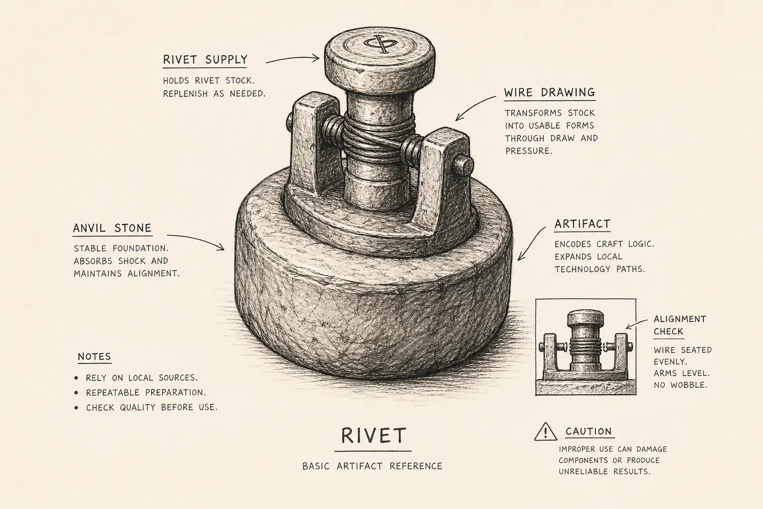 Field sketch of Rivet, highlighting rivet supply, wire drawing, anvil stone, artifact.
