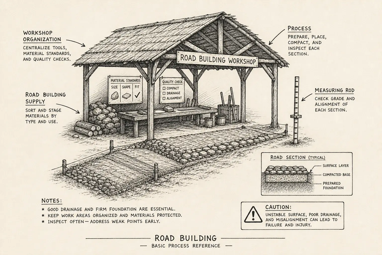 Field sketch of Road Building, highlighting road building supply, measuring rod, workshop organization, process.