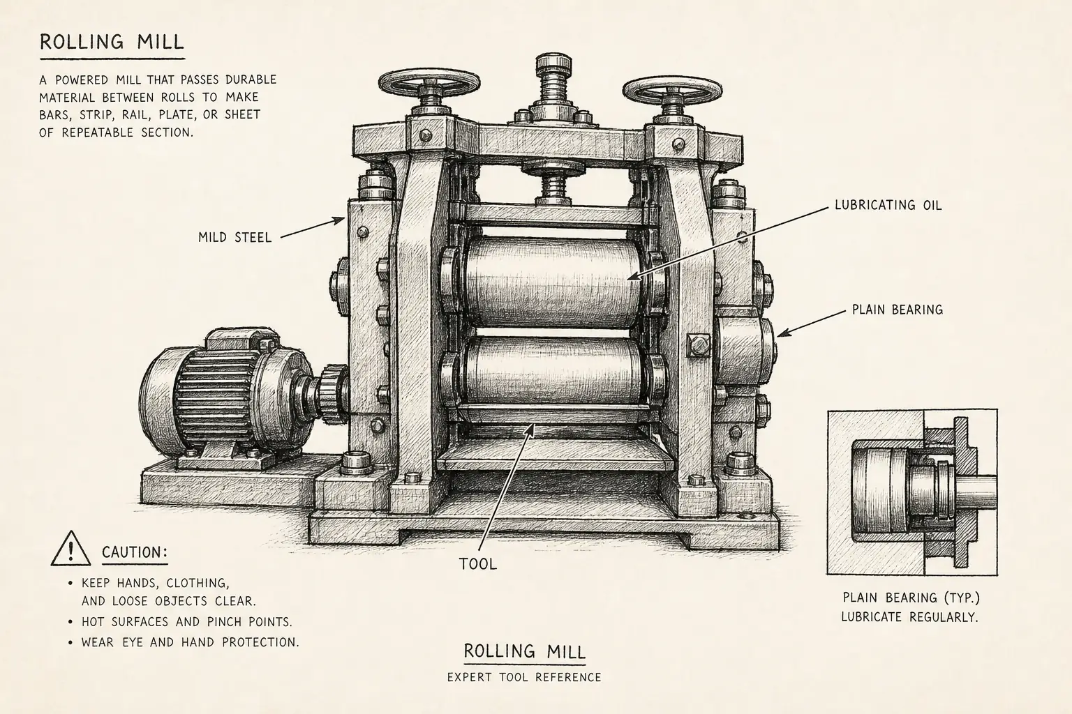 Field sketch of Rolling mill, highlighting mild steel, lubricating oil, plain bearing, tool.