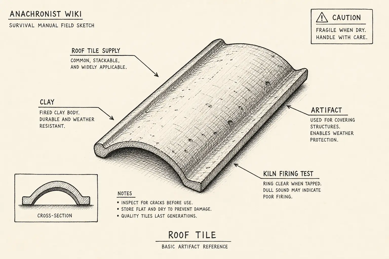 Field sketch of Roof Tile, highlighting roof tile supply, clay, kiln firing test, artifact.