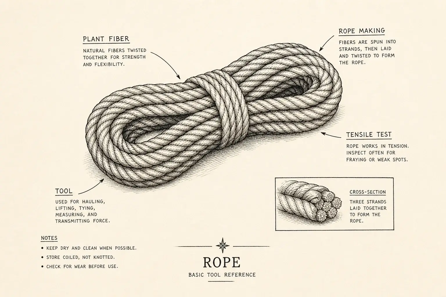 Field sketch of rope, highlighting cordage fiber, knot tying, and process handling details.