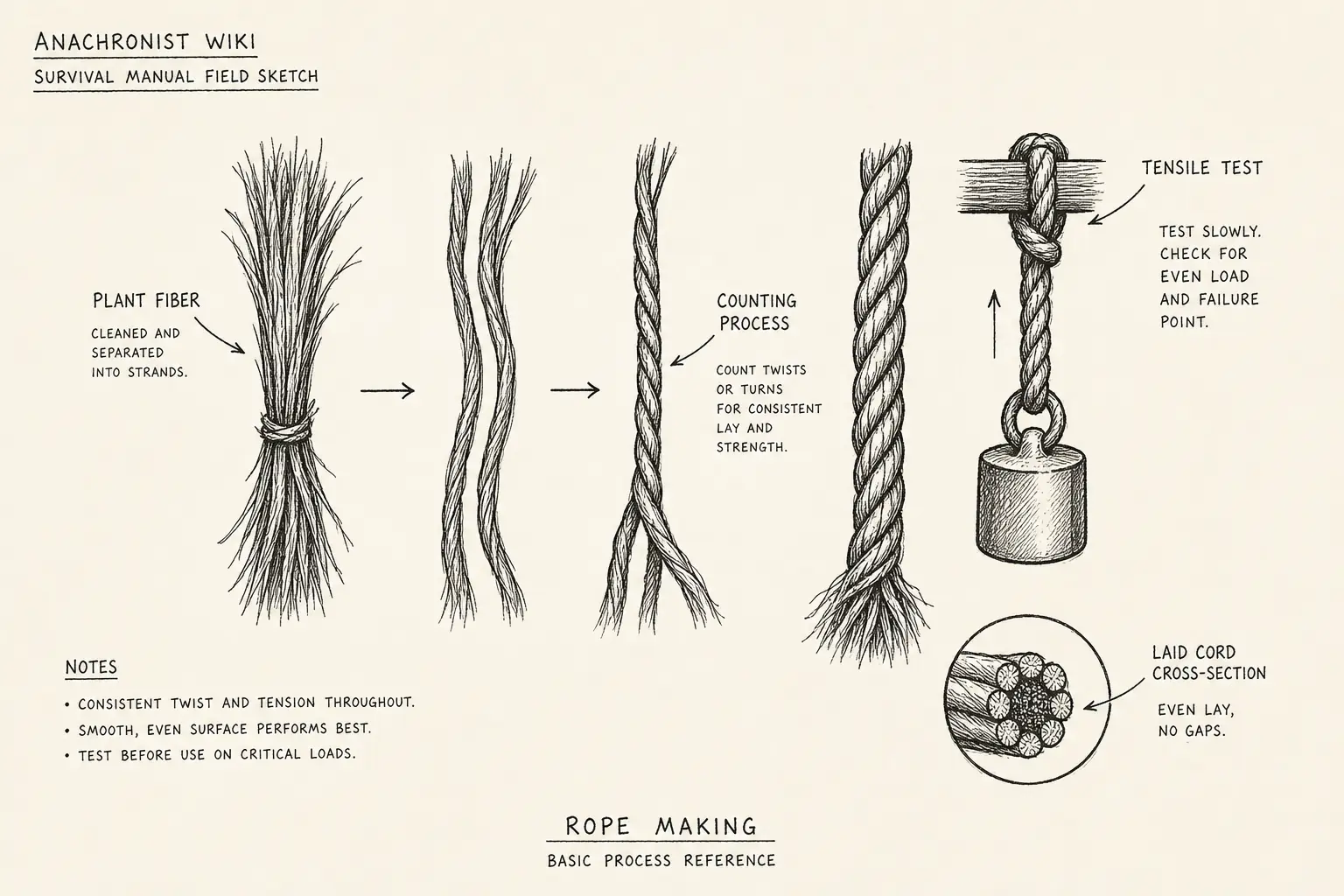Field sketch of Rope making, highlighting plant fiber, tensile test, counting, process.