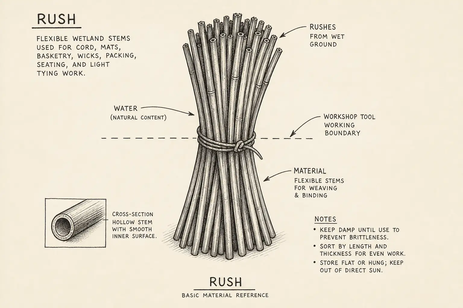 Field sketch of Rush, highlighting rushes from wet ground, water, cutting edge, material.