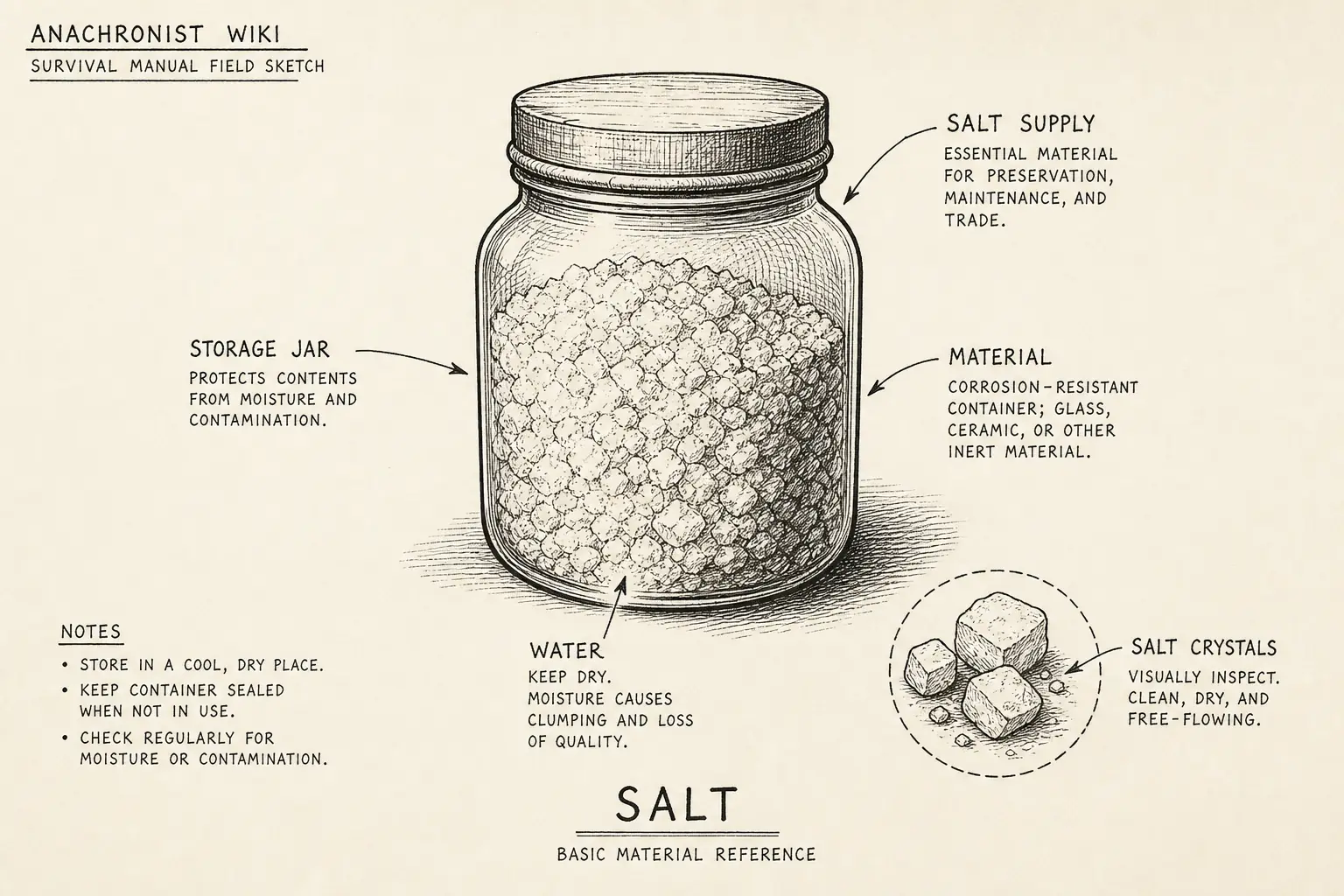 Field sketch of Salt, highlighting salt supply, water, storage jar, material.