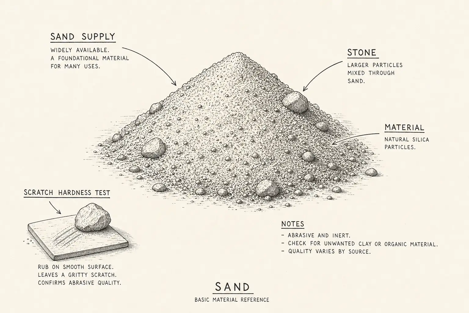 Field sketch of Sand, highlighting sand supply, stone, scratch hardness test, material.