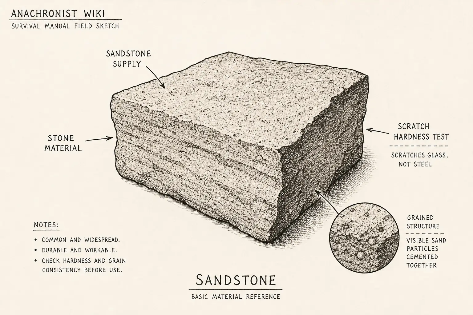 Field sketch of Sandstone, highlighting sandstone supply, stone, scratch hardness test, material.