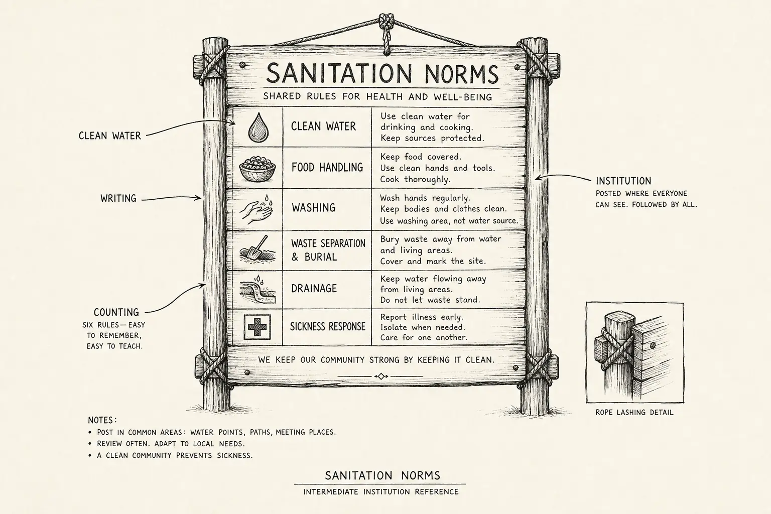 Field sketch of Sanitation norms, highlighting clean water, writing, counting, institution.