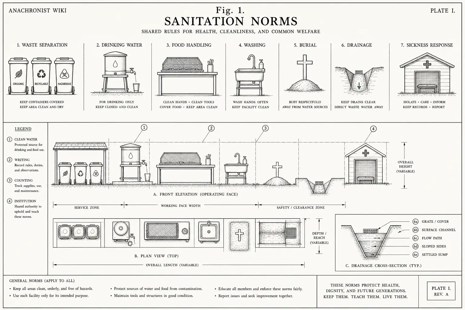 Schematic diagram of Sanitation norms, highlighting clean water, writing, counting, institution and major working relationships.