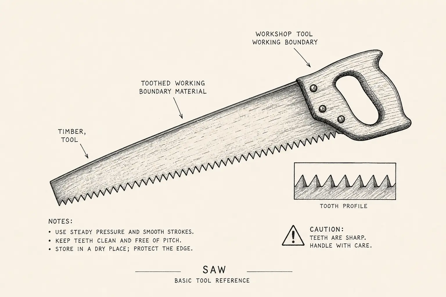 Field sketch of Saw, highlighting toothed edge material, cutting edge, timber, tool.