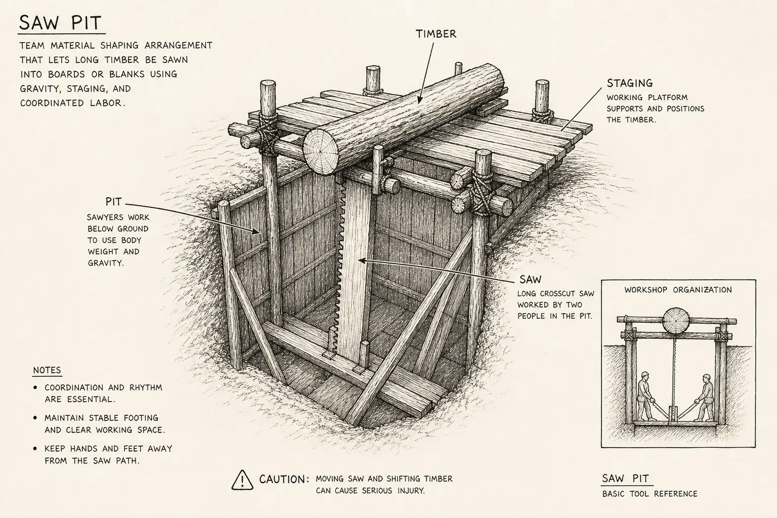 Field sketch of Saw pit, highlighting pit, staging, saw, and timber, saw, workshop organization, tool.