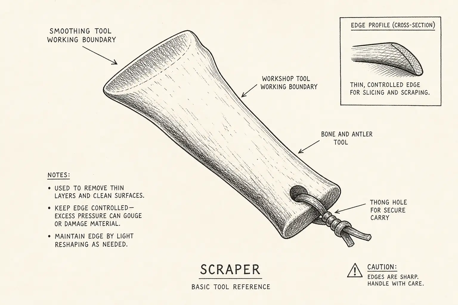 Field sketch of Scraper, highlighting scraper edge, cutting edge, bone and antler, tool.