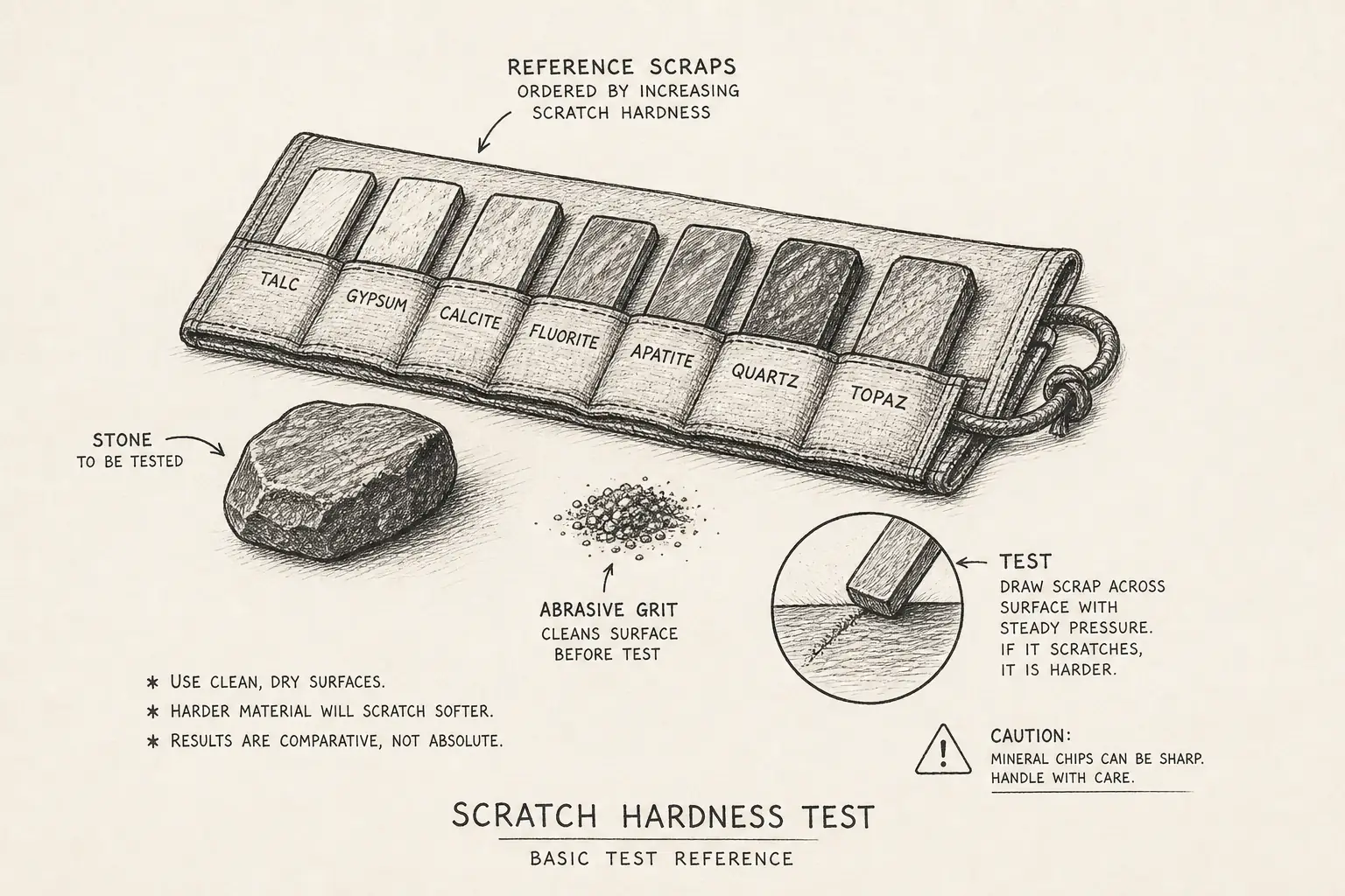 Field sketch of Scratch hardness test, highlighting reference scraps, stone, abrasive grit, test.