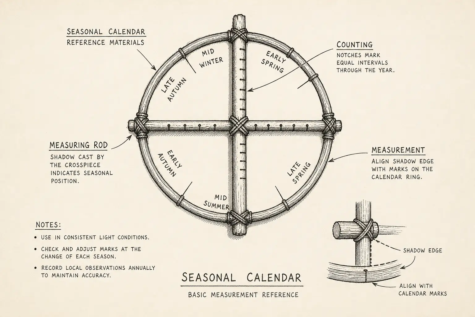 Field sketch of Seasonal Calendar, highlighting seasonal calendar reference materials, counting, measuring rod, measurement.
