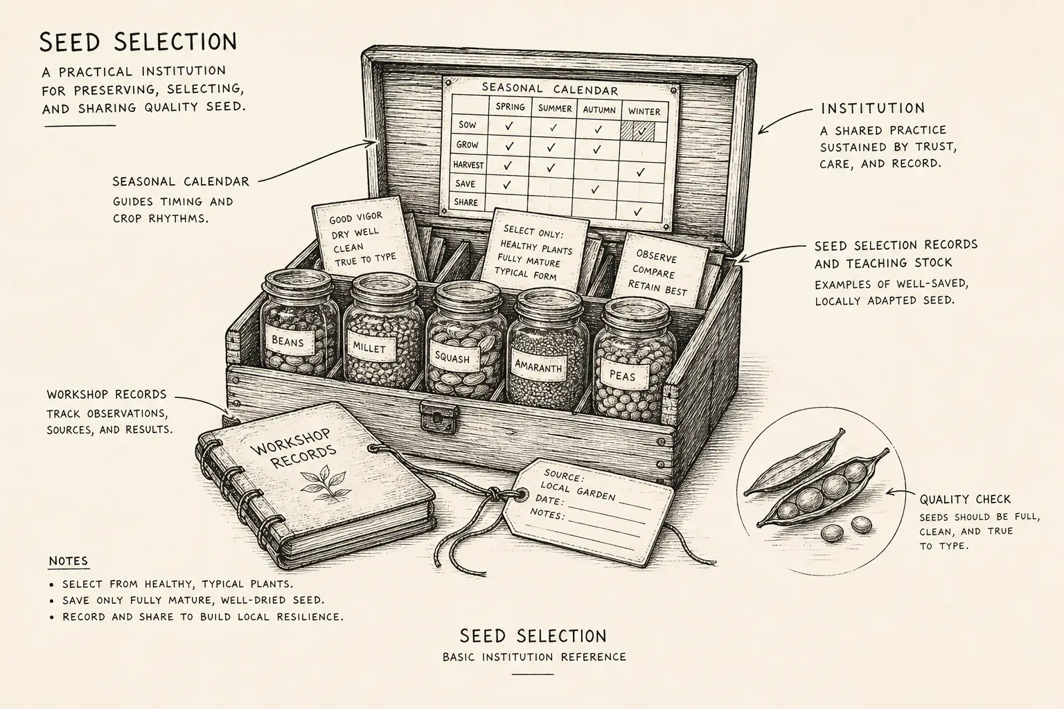 Field sketch of Seed Selection, highlighting seed selection records and teaching stock, workshop records, seasonal calendar, institution.