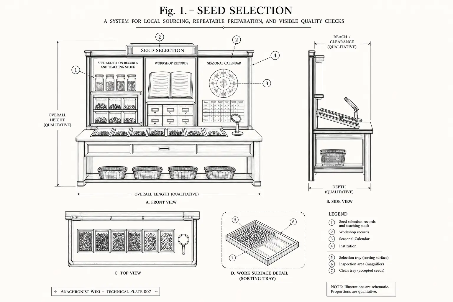 Schematic diagram of Seed Selection, highlighting seed selection records and teaching stock, workshop records, seasonal calendar, institution and major working relationships.