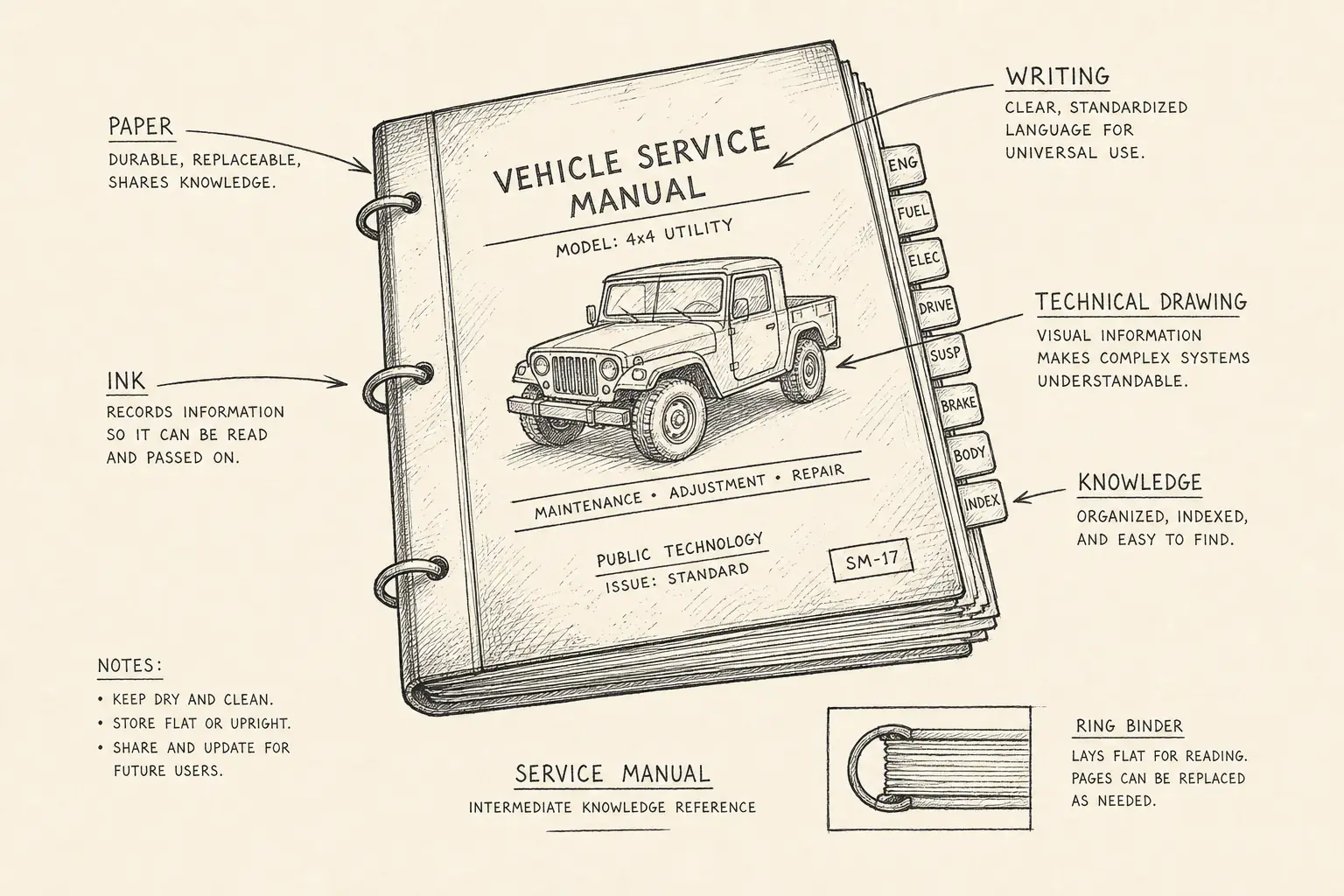 Field sketch of Service manual, highlighting paper, ink, writing, technical drawing.