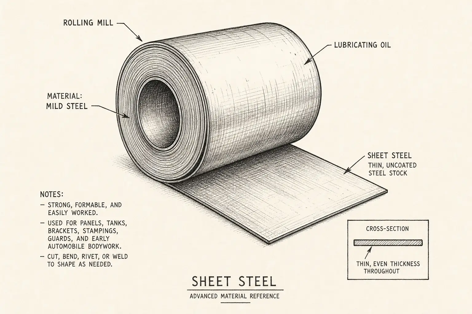 Field sketch of Sheet steel, highlighting mild steel, lubricating oil, rolling mill, material.