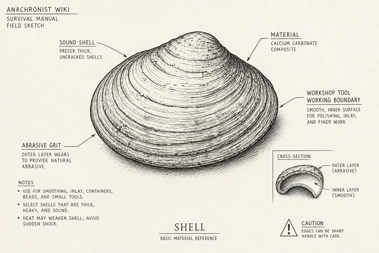 Field sketch of Shell, highlighting sound shell, abrasive grit, cutting edge, material.