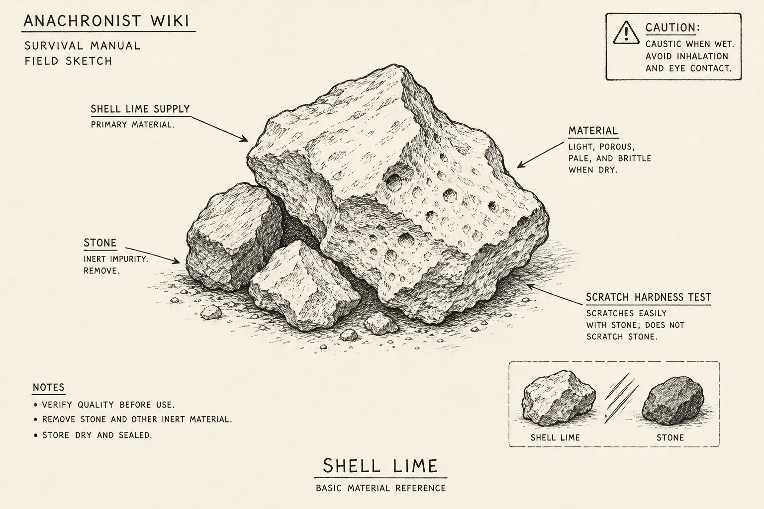 Field sketch of Shell Lime, highlighting shell lime supply, stone, scratch hardness test, material.