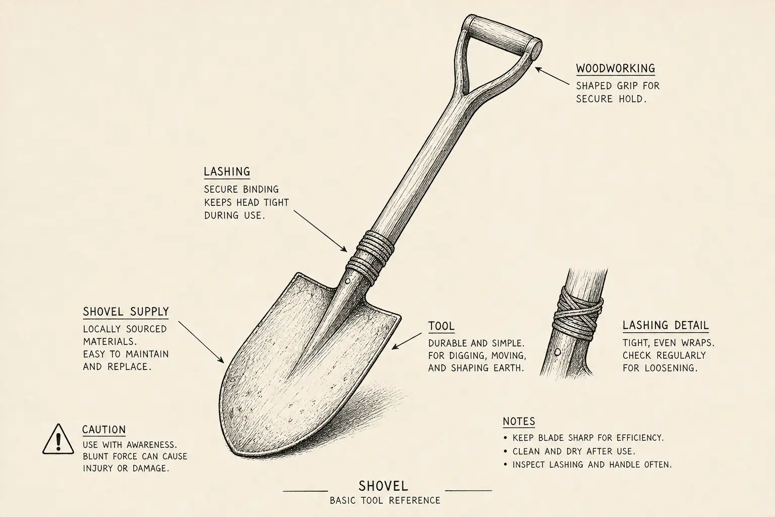Field sketch of Shovel, highlighting shovel supply, woodworking, lashing, tool.