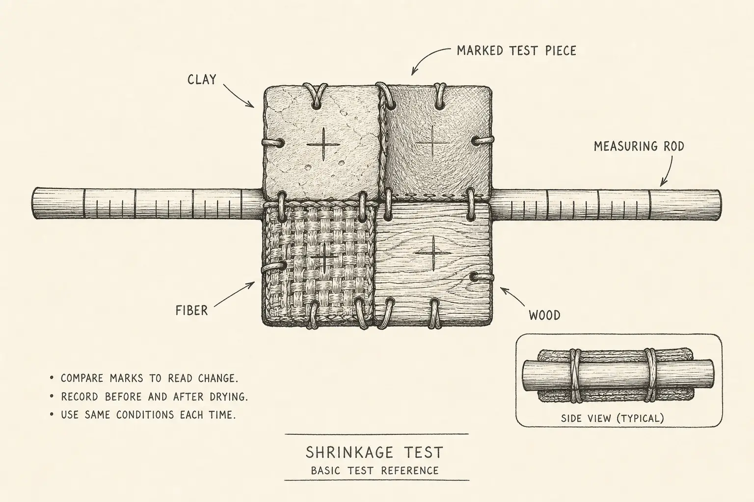 Field sketch of Shrinkage test, highlighting marked test piece, clay, measuring rod, test.