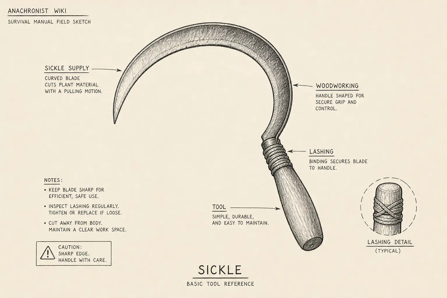 Field sketch of Sickle, highlighting sickle supply, woodworking, lashing, tool.