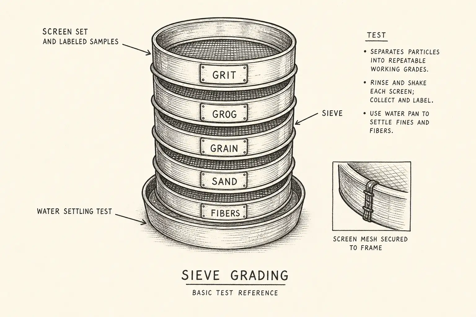 Field sketch of Sieve grading, highlighting screen set and labeled samples, sieve, water settling test, test.