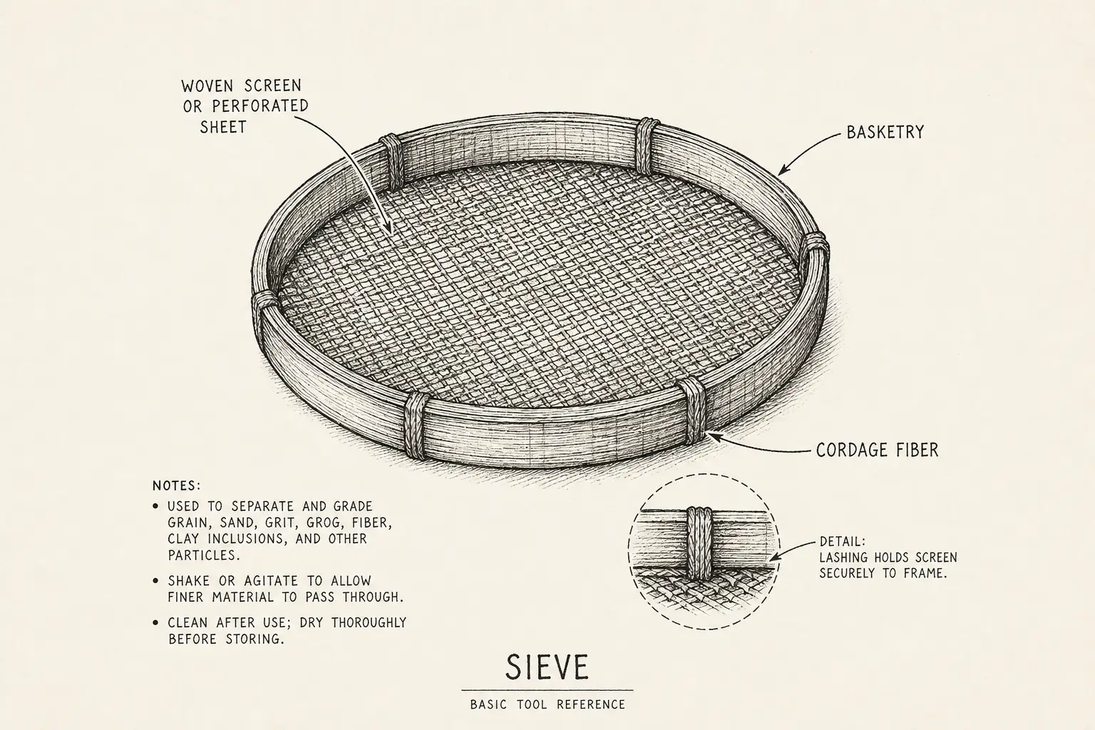 Field sketch of Sieve, highlighting woven screen or perforated sheet, basketry, cordage fiber, tool.