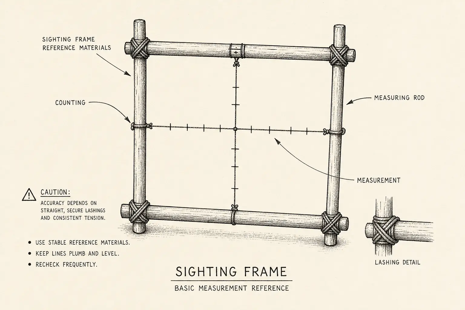 Field sketch of Sighting Frame, highlighting sighting frame reference materials, counting, measuring rod, measurement.