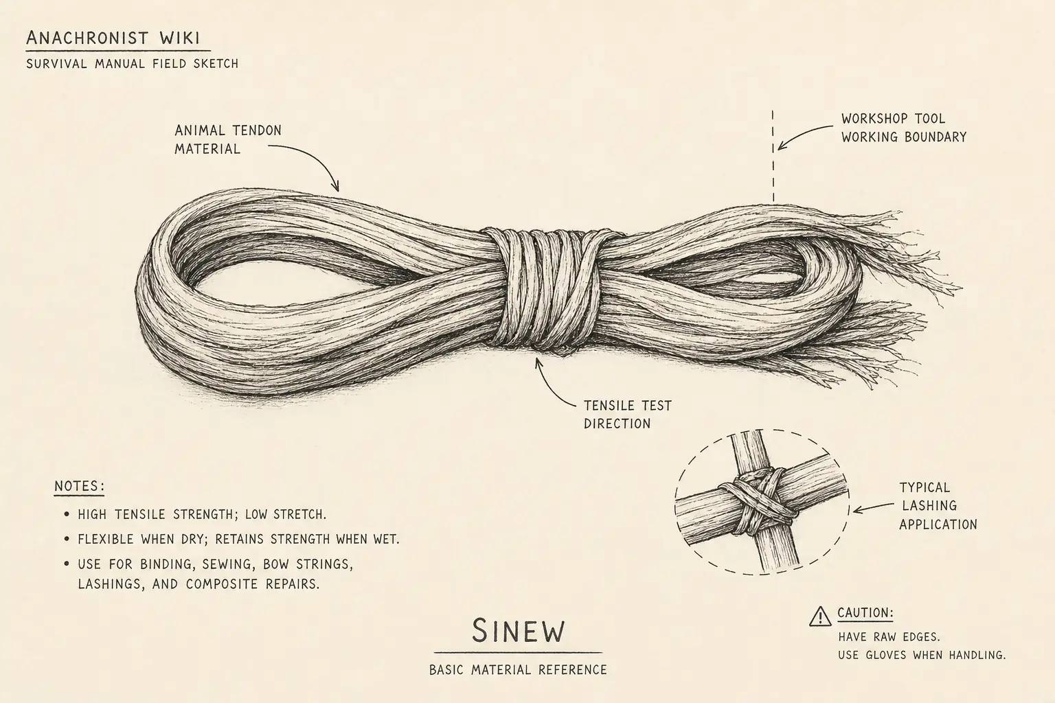 Field sketch of Sinew, highlighting animal tendon, cutting edge, tensile test, material.