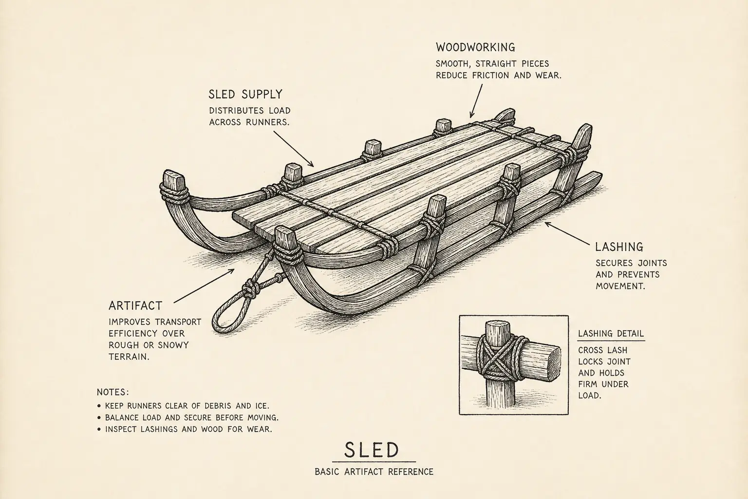 Field sketch of Sled, highlighting sled supply, woodworking, lashing, artifact.