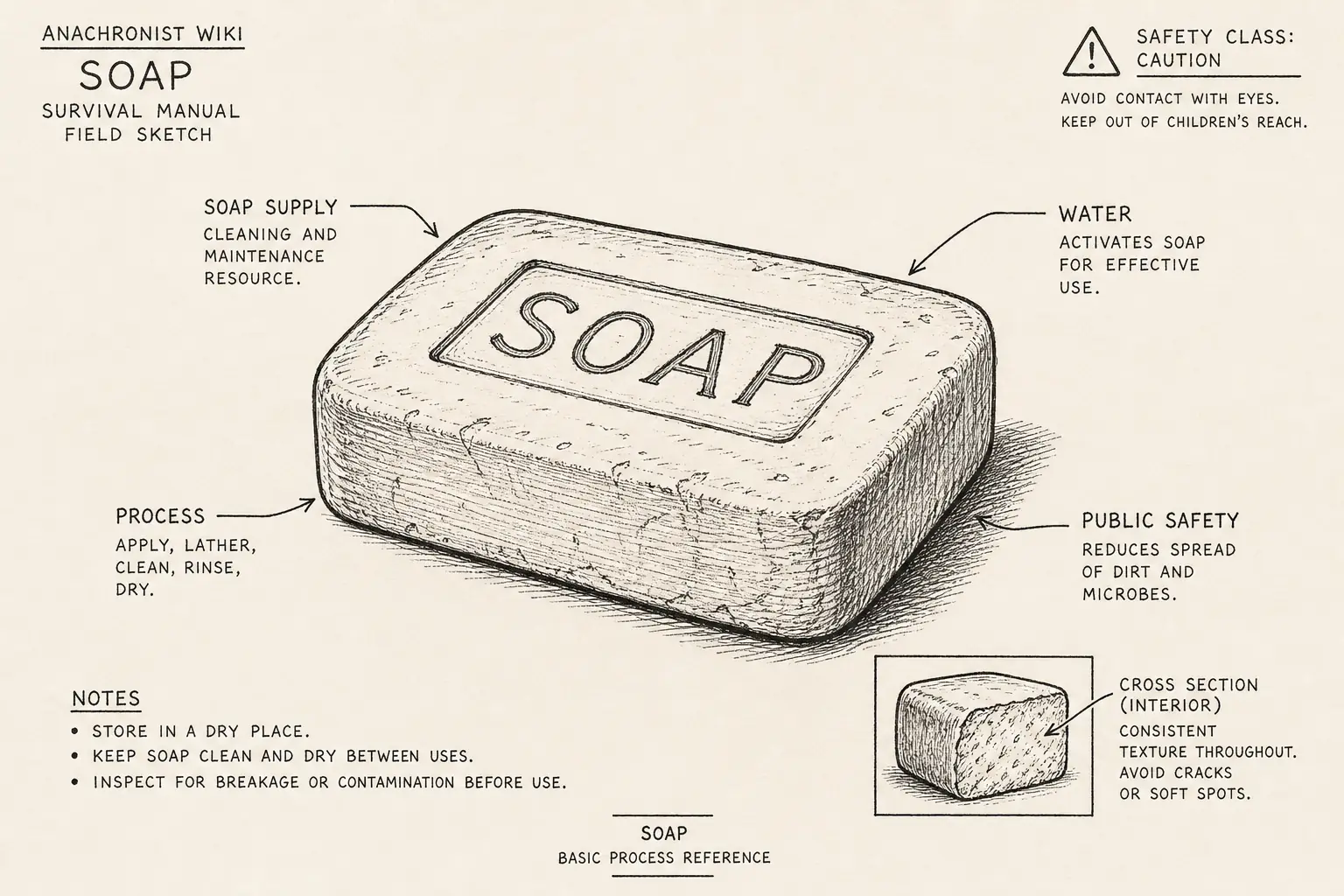 Field sketch of Soap, highlighting soap supply, water, public safety, process.