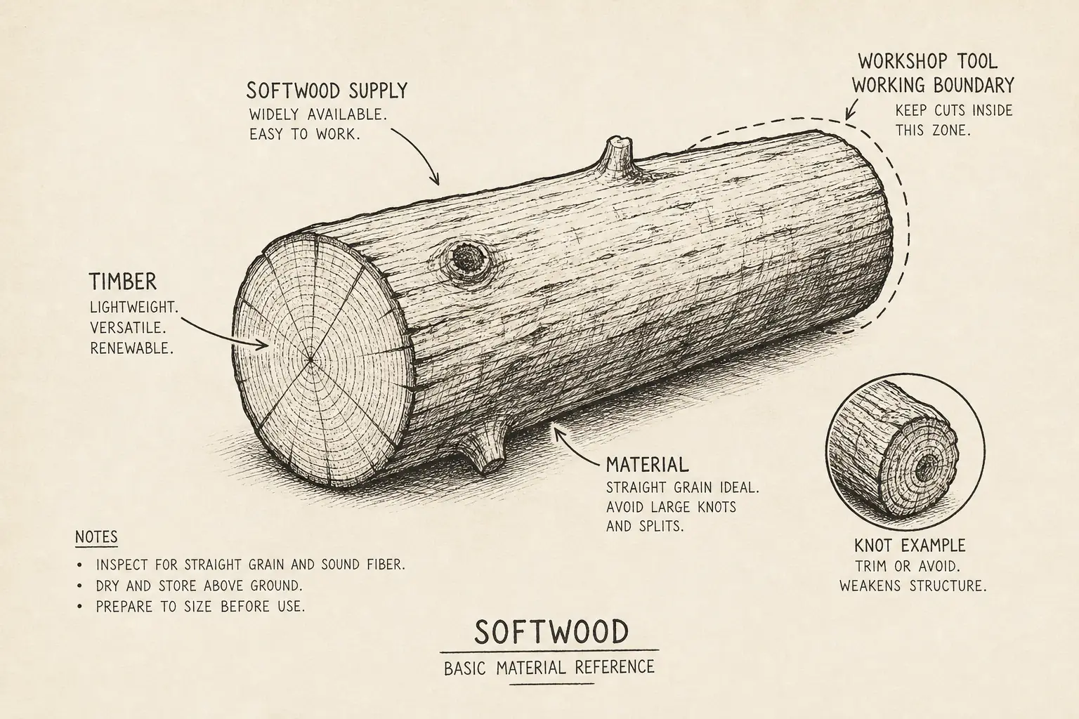 Field sketch of Softwood, highlighting softwood supply, timber, cutting edge, material.