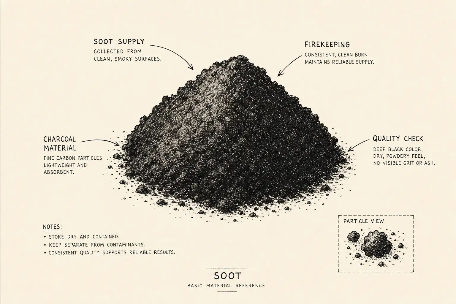 Field sketch of Soot, highlighting soot supply, firekeeping, charcoal, material.