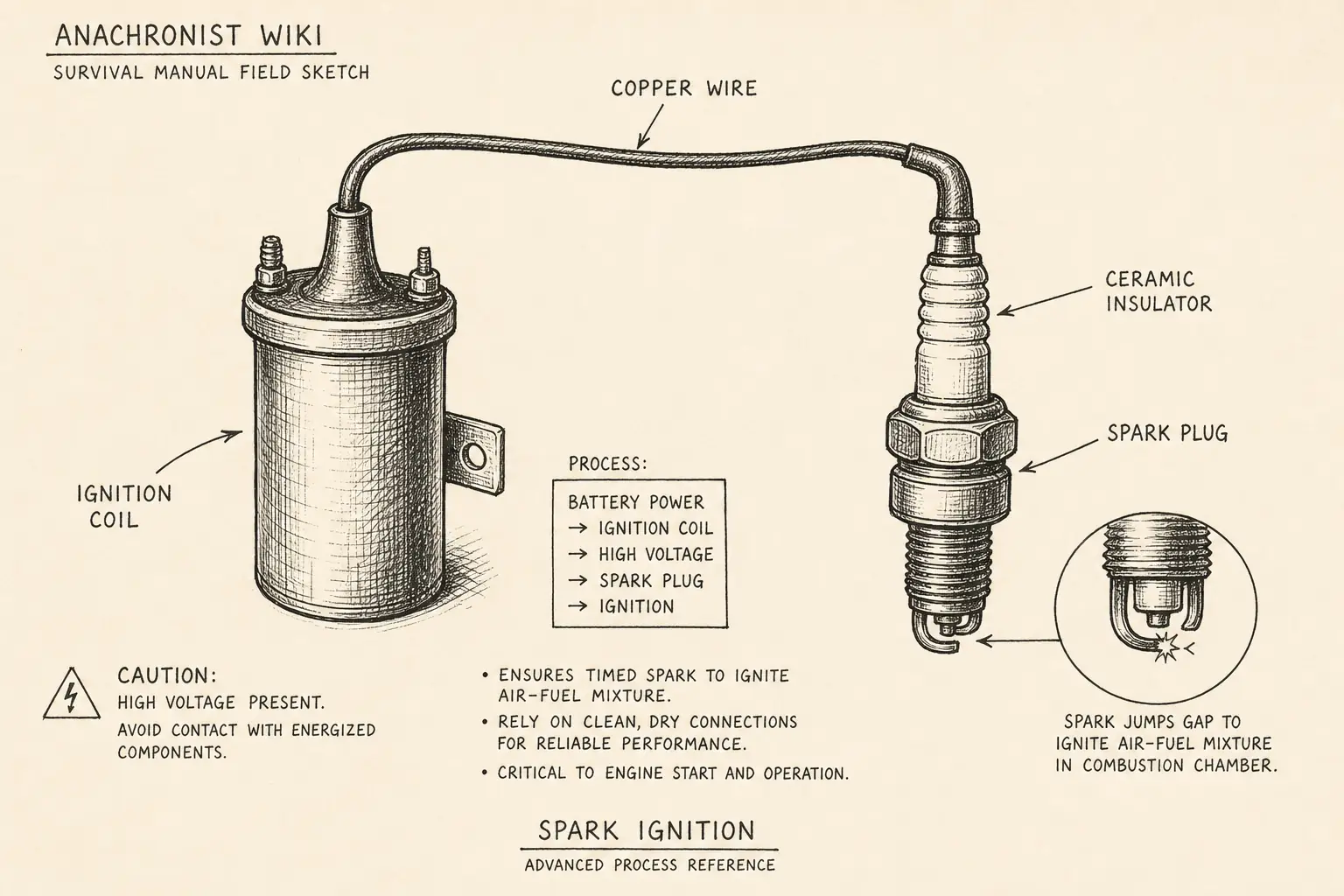 Field sketch of Spark ignition, highlighting copper wire, ceramic insulator, spark plug, ignition coil.