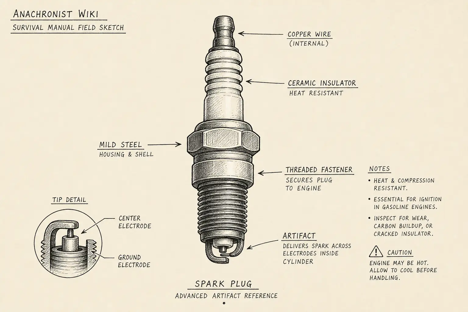 Field sketch of Spark plug, highlighting mild steel, copper wire, ceramic insulator, threaded fastener.