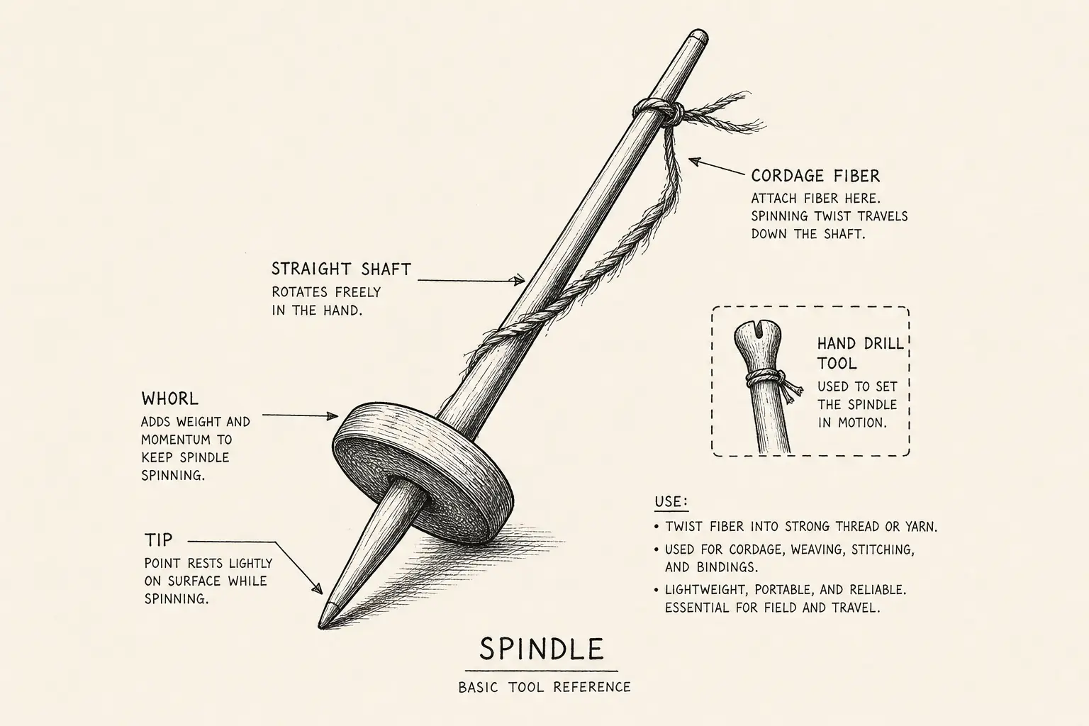 Field sketch of Spindle, highlighting straight shaft and whorl, cordage fiber, hand drill, tool.