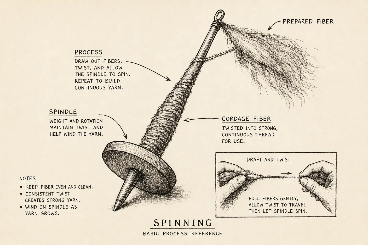 Field sketch of Spinning, highlighting prepared fiber, spindle, cordage fiber, process.