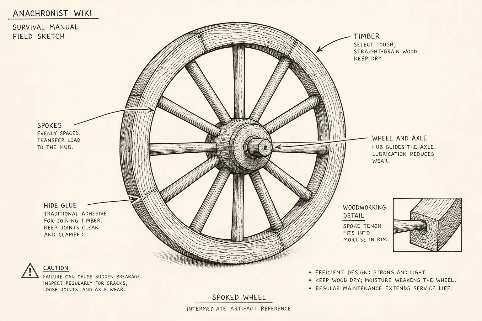 Field sketch of Spoked wheel, highlighting timber, hide glue, wheel and axle, woodworking.