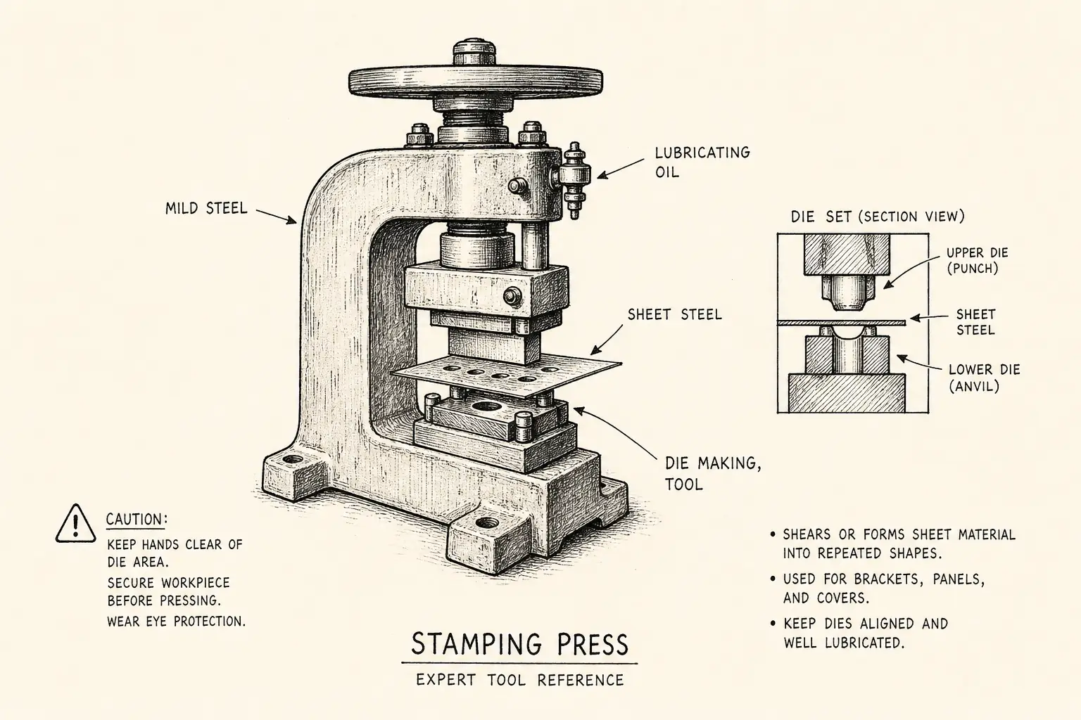 Field sketch of Stamping press, highlighting mild steel, lubricating oil, sheet steel, die making.