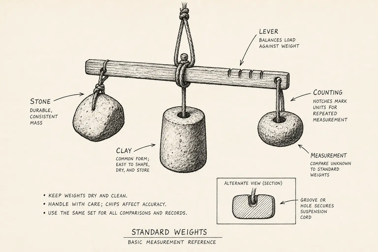 Field sketch of Standard weights, highlighting stone, clay, lever, counting.